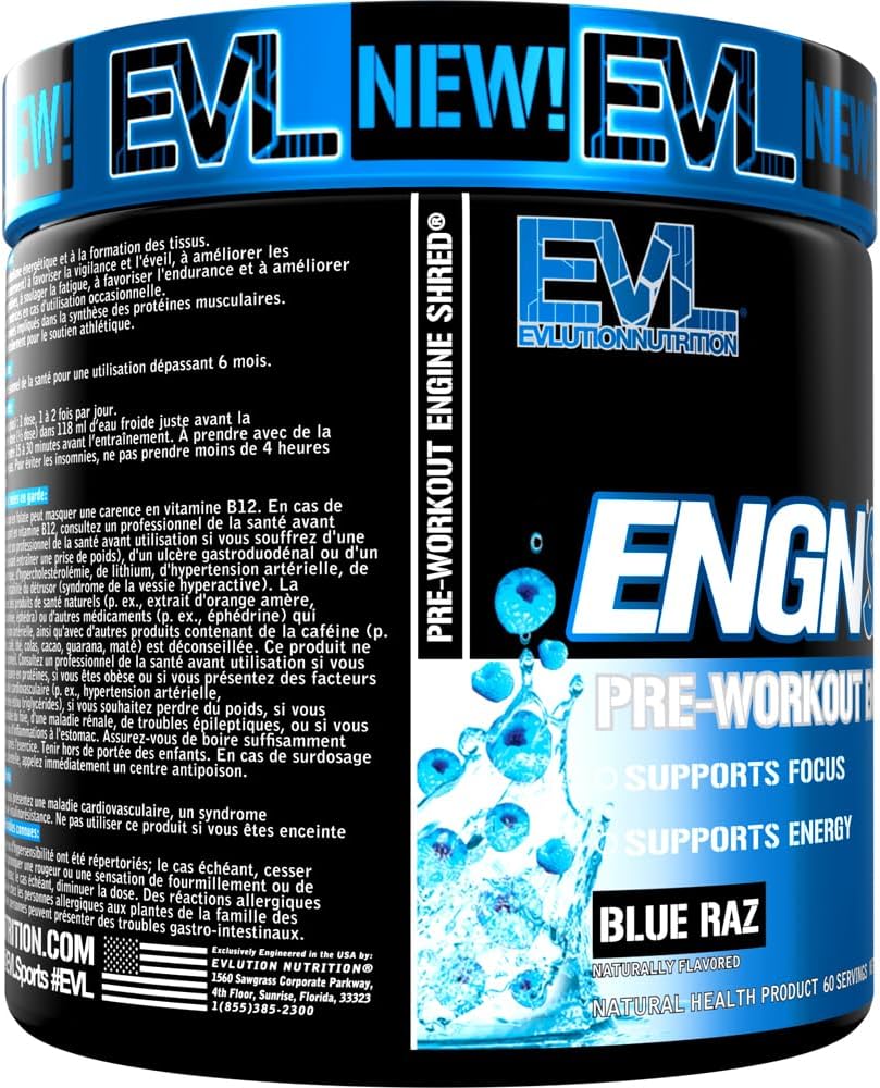 Evlution Nutrition ENGN Shred 锻炼前粉 - Shredding 锻炼前粉，含 CLA、L-肉碱和铬，可增强注意力、能量和耐力 - Blue Raz