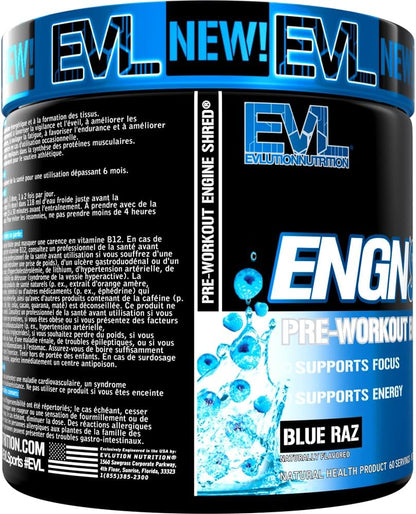 Evlution Nutrition ENGN Shred 锻炼前粉 - Shredding 锻炼前粉，含 CLA、L-肉碱和铬，可增强注意力、能量和耐力 - Blue Raz