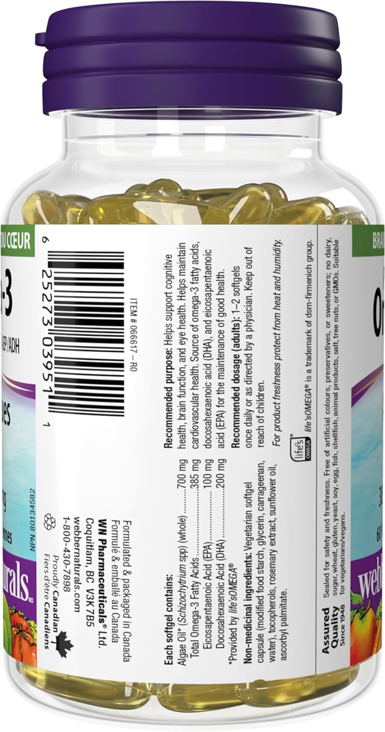 Webber Naturals Plant-Based Omega-3, 60 Softgels, Fish-Free Source of Omega-3, From Sustainably Cultivated Algae, Vegan