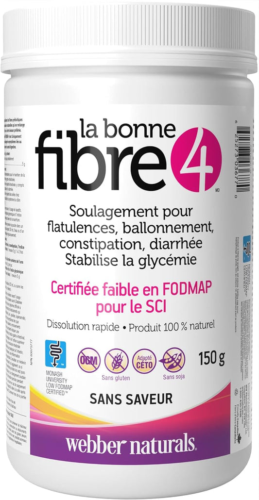 Webber Naturals Fibre4 肠易激综合征肠道不适补充剂，150 克，原味，30 份，促进消化健康的膳食纤维补充剂，低 FODMAP，纯素