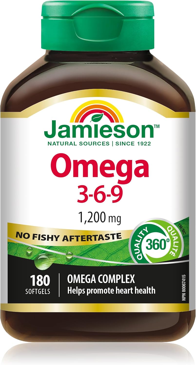 Jamieson Omega-3-6-9 1200 毫克，無魚腥味，魚油、琉璃苣油和亞麻籽油。支持心臟和大腦健康，富含 EPA、DHA 和 ALA，非基因改造，無麩質，180 粒軟膠囊，加拿大製造