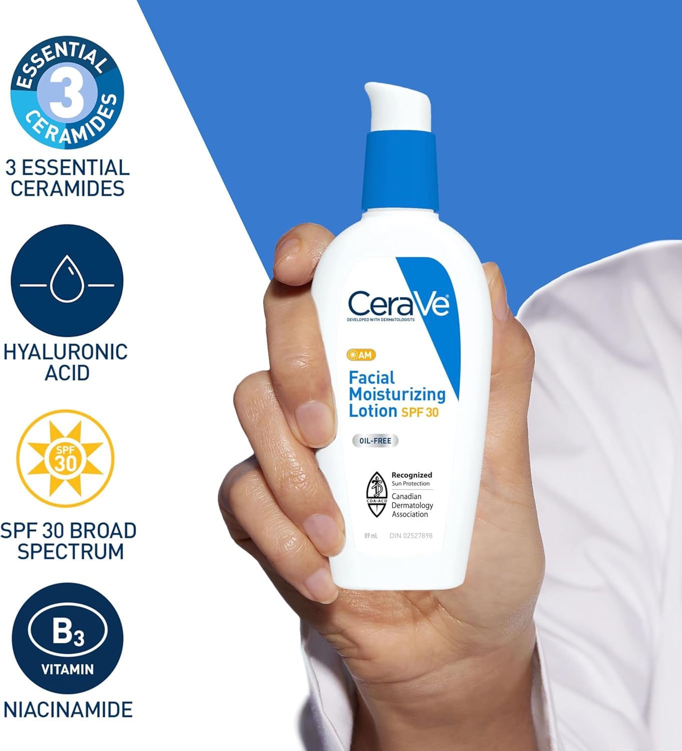 CeraVe Facial Moisturizer with SPF 30. Face Sunscreen Lotion with Hyaluronic Acid, Niacinamide & Ceramides for Women & Men. Oil-free, normal to dry skin. Verified Extended Use Date, Travel Size 89ML
