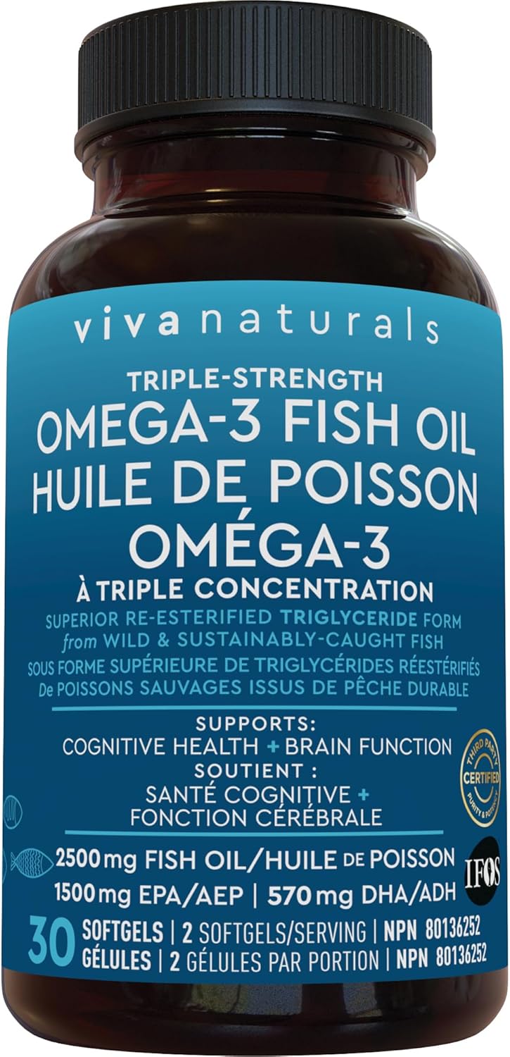 Viva Naturals 三倍强度 Omega 3 鱼油补充剂 - 2500 毫克鱼油，含再酯化 Omega-3 脂肪酸（包括 EPA 和 DHA），有益于认知健康和脑功能 - 30 粒软胶囊