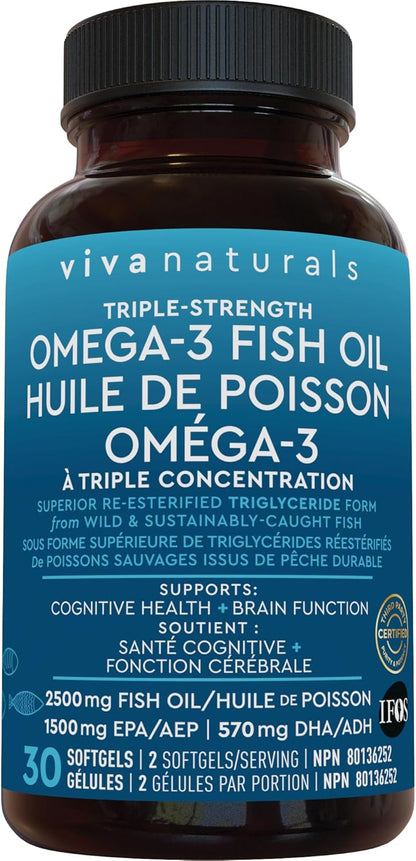 Viva Naturals 三倍强度 Omega 3 鱼油补充剂 - 2500 毫克鱼油，含再酯化 Omega-3 脂肪酸（包括 EPA 和 DHA），有益于认知健康和脑功能 - 30 粒软胶囊
