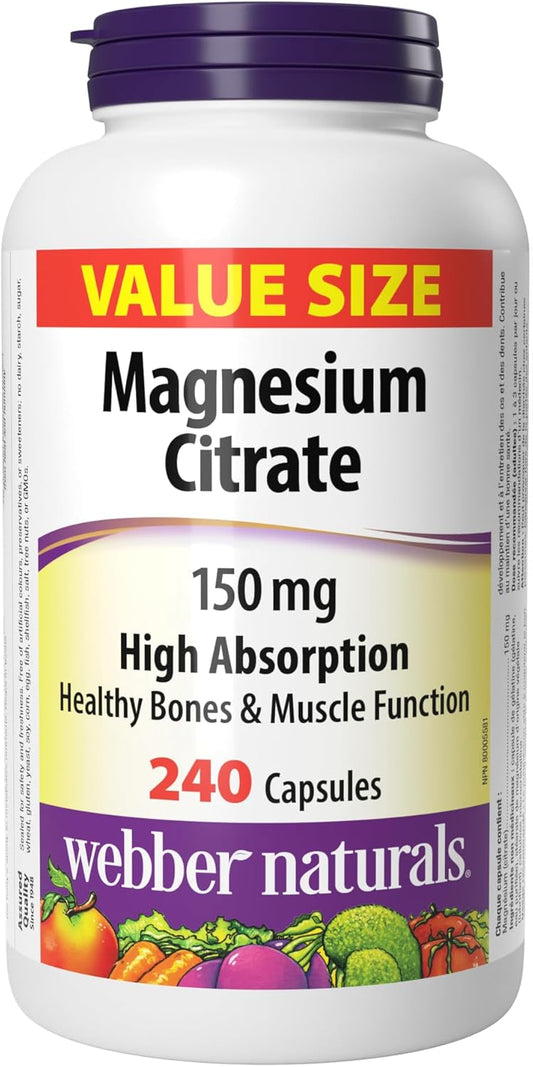 Webber Naturals Magnesium Citrate 150 mg, 240 Capsules, High Absorption Mineral, Supports Bone and Muscle Functions