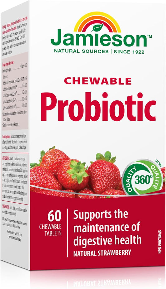 Jamieson Chewable Probiotic 2 Billion Active Cells Natural Strawberry Flavour, Family Friendly (3+), Supports Digestive Health. 5 Unique Strains, Including Lactobacillus and Bifidobacterium, Non-GMO, No Artificial Colour…