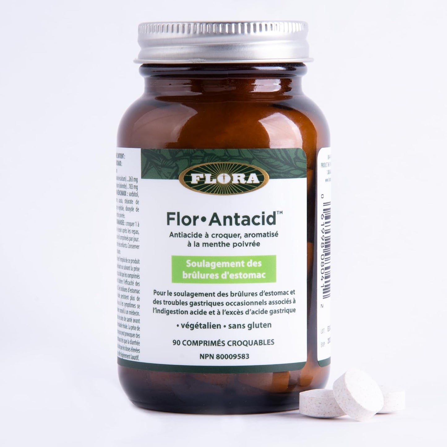 Flora Health Flor-Antacid - 用於緩解偶爾因消化不良和胃酸過多引起的胃灼熱和胃部不適 - 真正的薄荷油口味 - 90 片咀嚼片