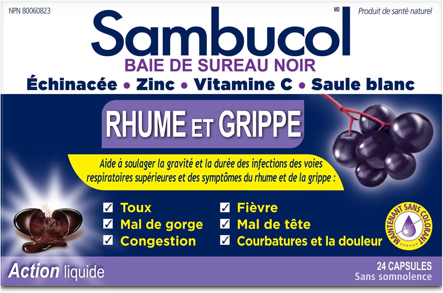 Sambucol Black Elderberry – Cold & Flu Relief | Echinacea, Zinc, Vitamin C & White Willow | Helps Relieve Congestion, Sore Throat, Coughs & Fatigue | Natural Health Product, For Adults | 24 Capsules