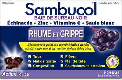 Sambucol Black Elderberry – Cold & Flu Relief | Echinacea, Zinc, Vitamin C & White Willow | Helps Relieve Congestion, Sore Throat, Coughs & Fatigue | Natural Health Product, For Adults | 24 Capsules