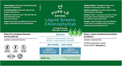 Pure-lē Natural Chlorophyll Liquid Greens | Organic (COR Certified), Gluten-Free, Vegan | Unflavored (450 mL) – Natural Body Deodorant, Alkalizing & Antioxidant Support