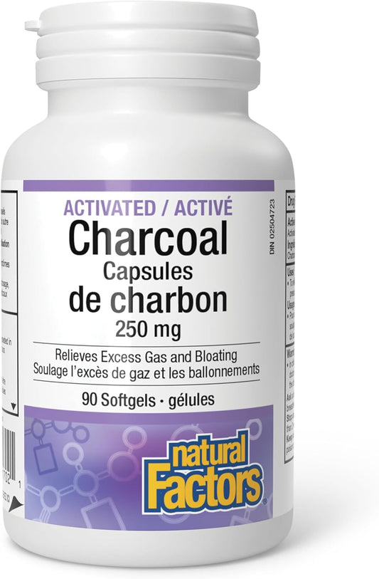 Natural Factors 活性炭胶囊，250 毫克，90 粒软胶囊，用于消化支持、排毒、缓解腹胀和胀气，加拿大制造