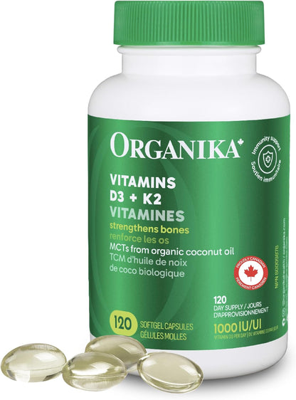 Organika 维生素 D3 + K2 (MK7) - 每粒胶囊含 1000IU D3 和 120mcg K2 - 高效，支持健康的免疫功能和骨骼 + 牙齿 - 120 粒胶囊