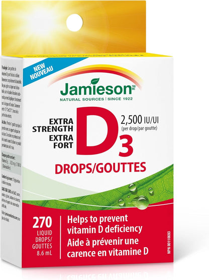 Jamieson 维生素 D3 2,500 IU 滴剂，有助于预防维生素 D 缺乏症和骨质疏松症，增强免疫力，强健骨骼和牙齿。非转基因，无麸质，不含人工香料、色素和防腐剂，270 粒装……
