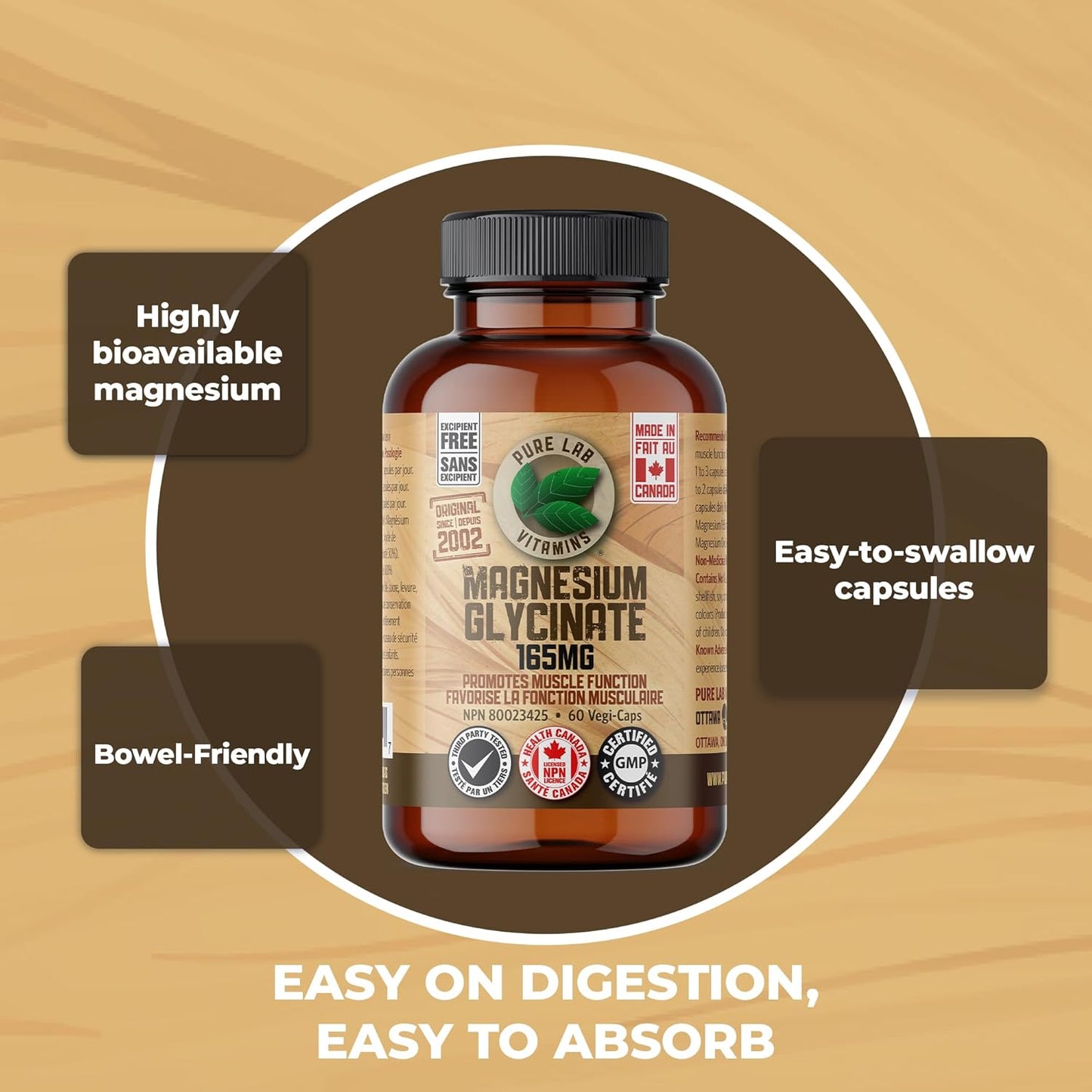 Pure Lab Vitamins 甘胺酸鎂 165 毫克 – 60 粒膠囊 - 支持肌肉功能