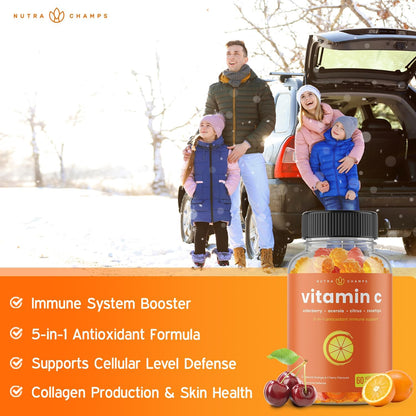Vitamin C Gummies for Kids & Adults | 5-in-1 Immune Support Supplement with Elderberry, Rosehips, Citrus Bioflavonoids & Acerola Cherry | VIT C Immune Gummy | 120 Vitamin C Chewable Gummies 60 count (Pack of 2)