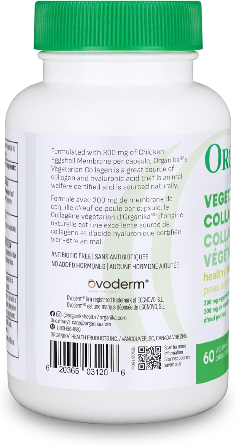 Organika Canadian-Made Vegetarian Collagen - Sourced From Natural Eggshell Membrane | For Healthier Skin, Hair, Nails and Joints - 60vcaps