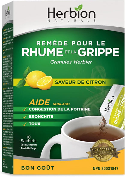 Herbion Naturals 感冒和流感草药颗粒，天然柠檬味，10 袋装 - 有助于缓解咳嗽和胸闷