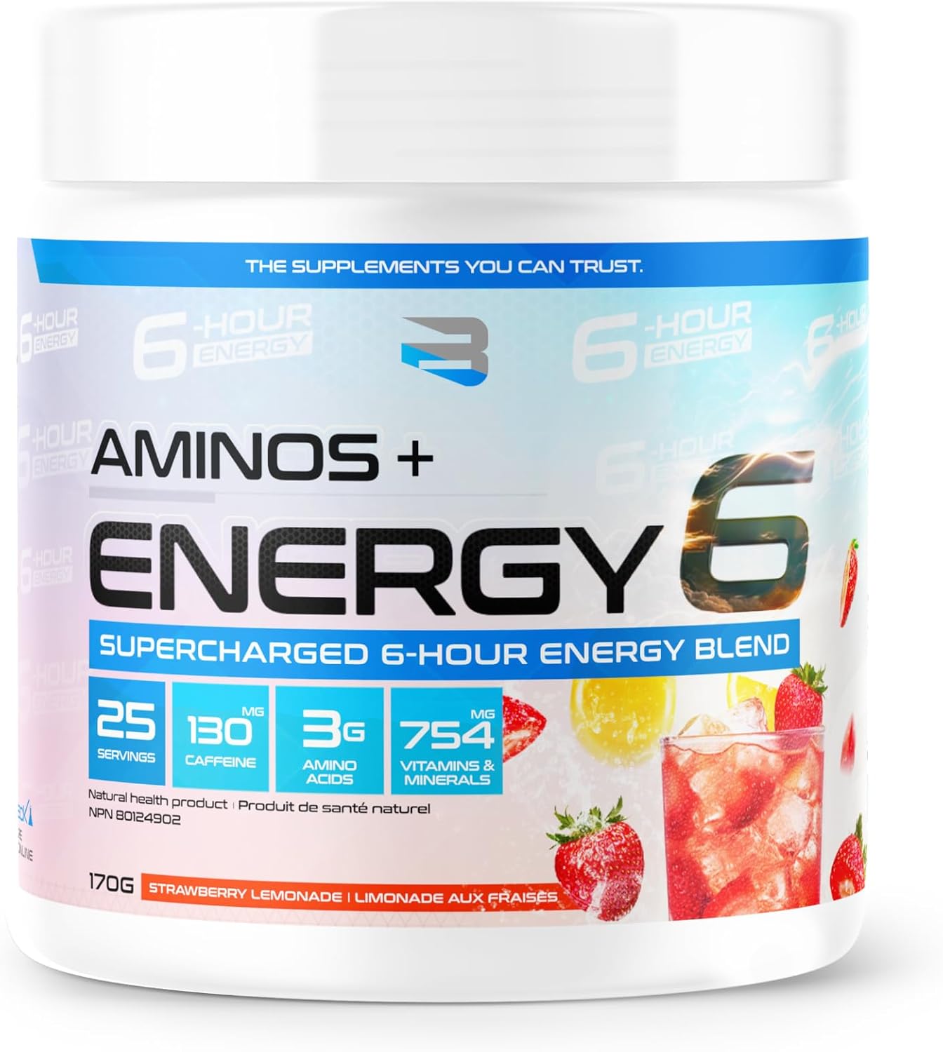 Amino+Energy6-6 小时能量补充剂，含氨基酸、维生素、矿物质和兴奋剂 - 提升注意力和能量 - （草莓柠檬水）