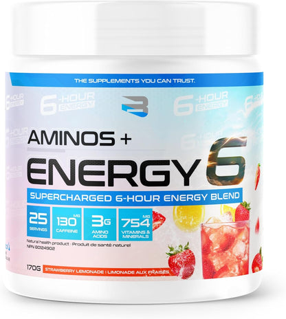 Amino+Energy6-6 小时能量补充剂，含氨基酸、维生素、矿物质和兴奋剂 - 提升注意力和能量 - （草莓柠檬水）