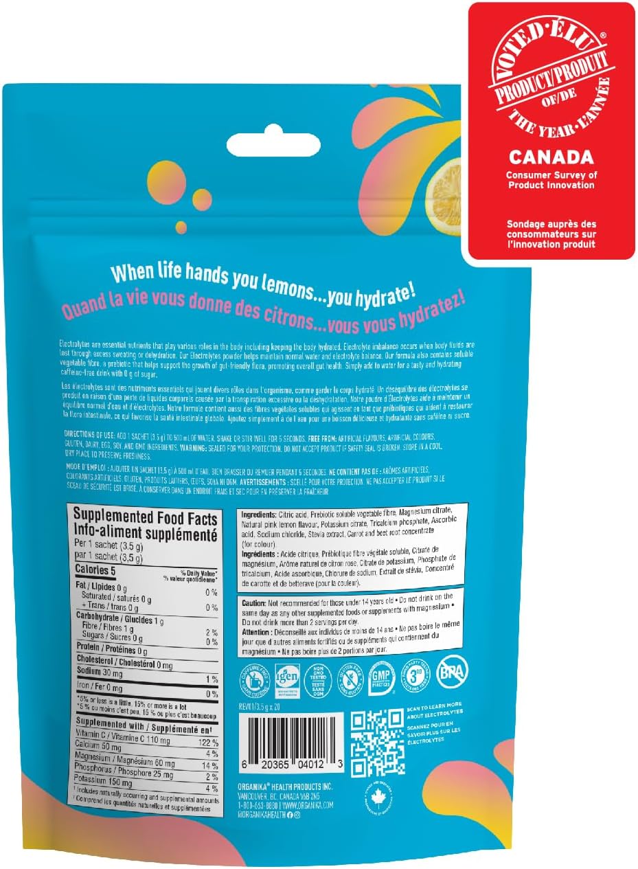 Organika 加拿大制造电解质粉 - 粉红柠檬水小袋装 - 随时随地补充水分和电解质，含益生元和维生素 C，3.5 克 x 20 包