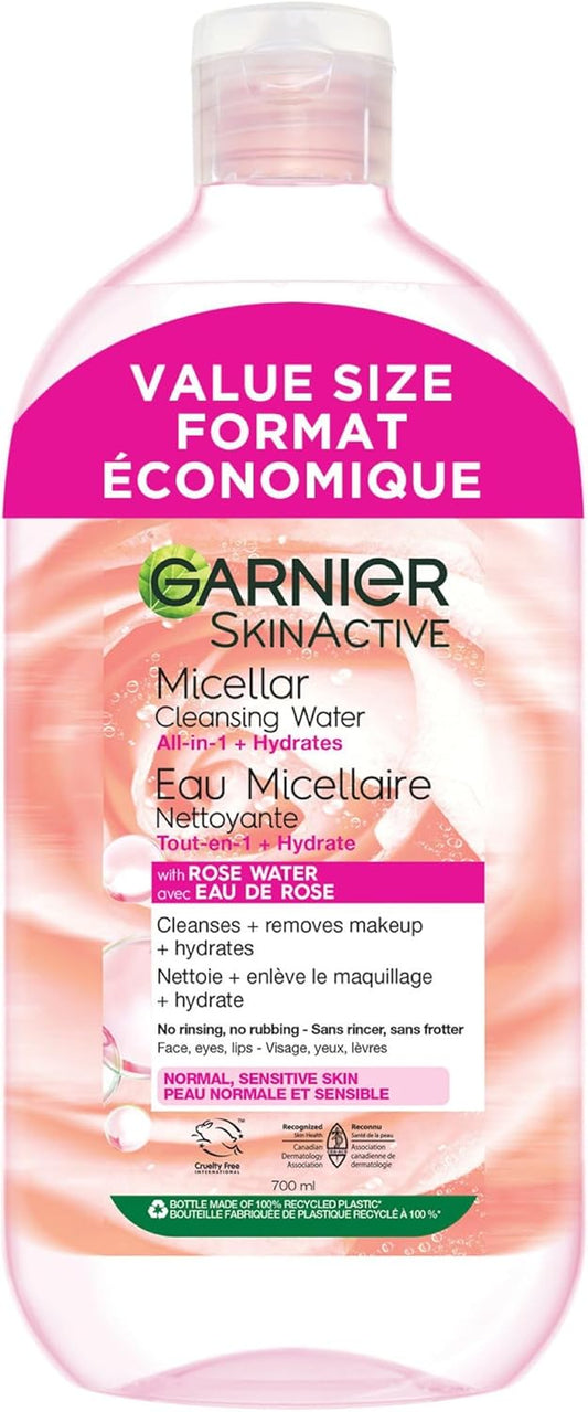 Garnier Micellar Cleansing Water, All-In-One Hydrating Makeup Remover, Face Cleanser With Rose Water & Glycerin, Hypoallergenic, Sensitive to Dry Skin, 700ml