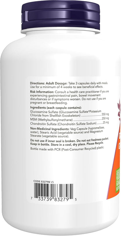 NOW Supplements，葡萄糖胺和 MSM 加软骨素植物胶囊，180 粒