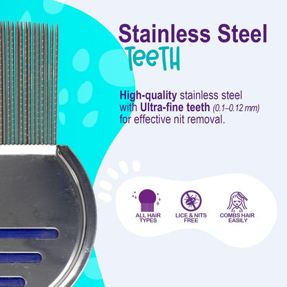 Dynarex WeCare ClearNit 金属除虱除虱梳带手柄 - 适用于所有发质的除虱梳，不锈钢超细齿 - 每盒 144 支