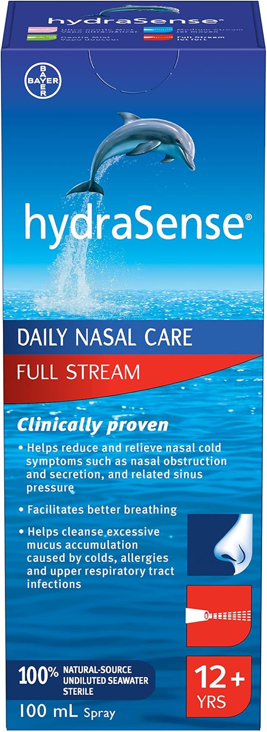 HydraSense 全流鼻喷雾剂，日常鼻腔护理，100% 天然海水，不含防腐剂，100 毫升