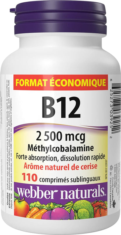 Webber Naturals 维生素 B12 2500 微克，速溶 & 镁 500 毫克，60 片，增强吸收矿物质，支持骨骼和肌肉功能，纯素
