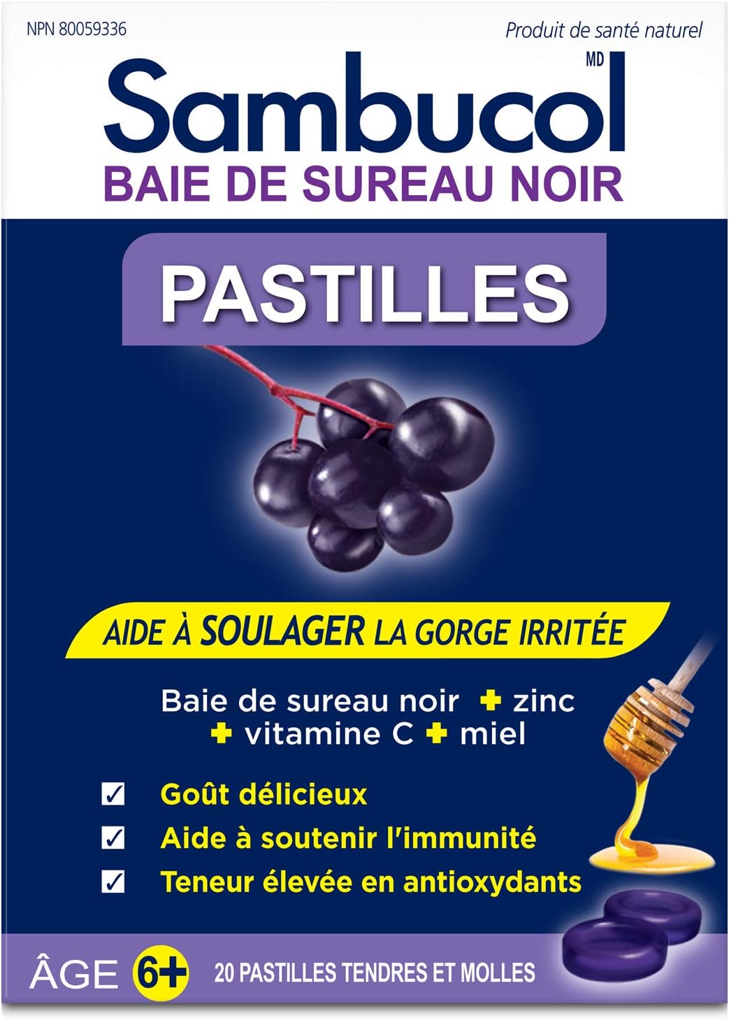 Sambucol Black Elderberry Pastilles | Quickly Soothes Sore, Dry & Scratchy Throat Symptoms | Immune Support & Antioxidant | Ideal for Ages 6+ | Gluten & Nut Free | 20 Soft & Chewy Pastilles, blue