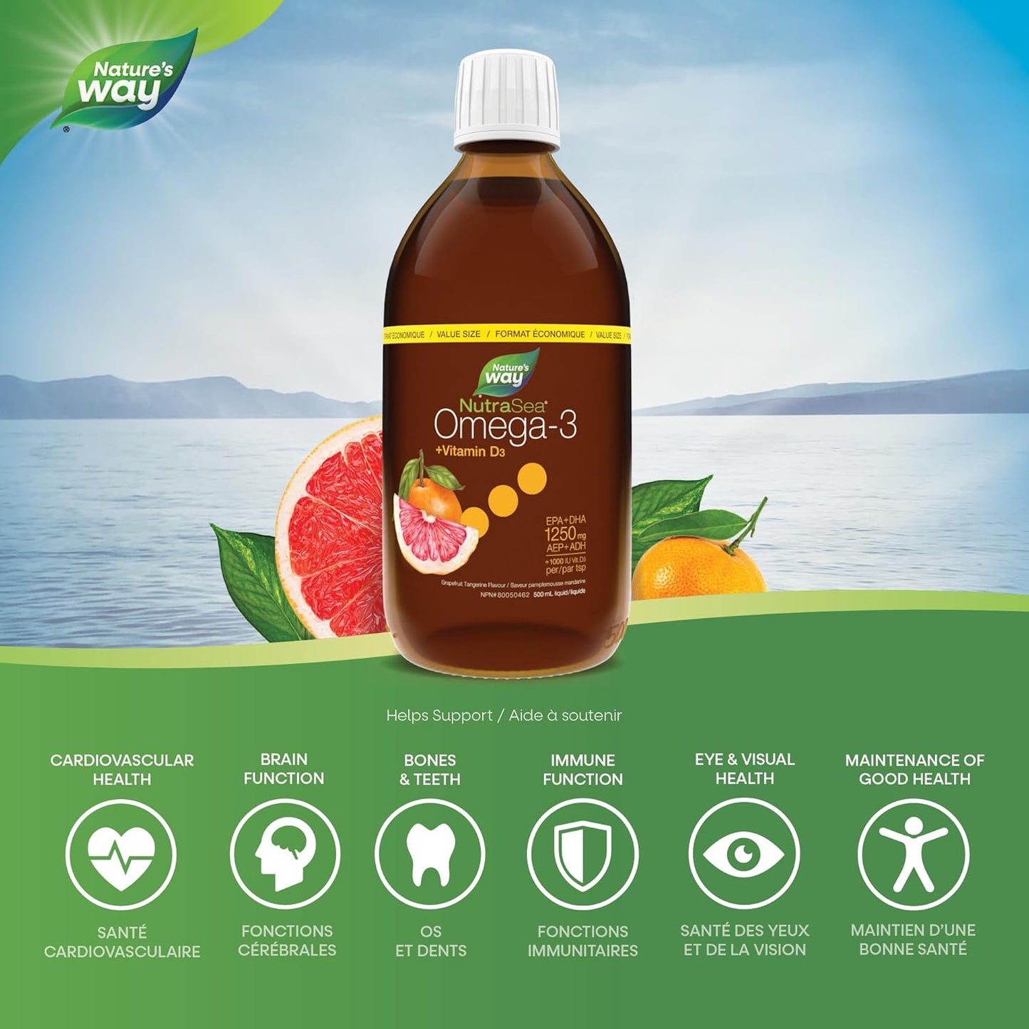Nature's Way NutraSea Omega-3 and Vitamin D Supplement - Fish Oil with EPA and DHA – Support Healthy Heart and Brain, Help Build Strong Bones and Teeth & Help Support Immune System - Grapefruit Tangerine, 500 ml Liquid