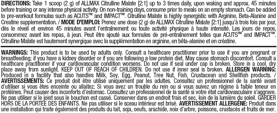 ALLMAX 瓜氨酸苹果酸盐 2:1 300 克，300 克 & 营养 - 精氨酸盐酸盐 - 最大强度 + 吸收 - 医药级 - 400 克