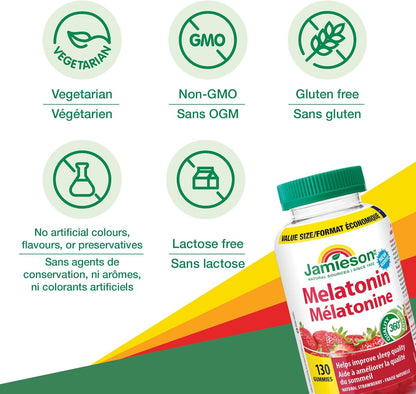 Jamieson 褪黑素 2.5 毫克軟糖，天然草莓風味，改善睡眠質量，延長睡眠時間，幫助重置睡眠-覺醒週期。素食、非基因改造、無麩質、無人工香料、色素…