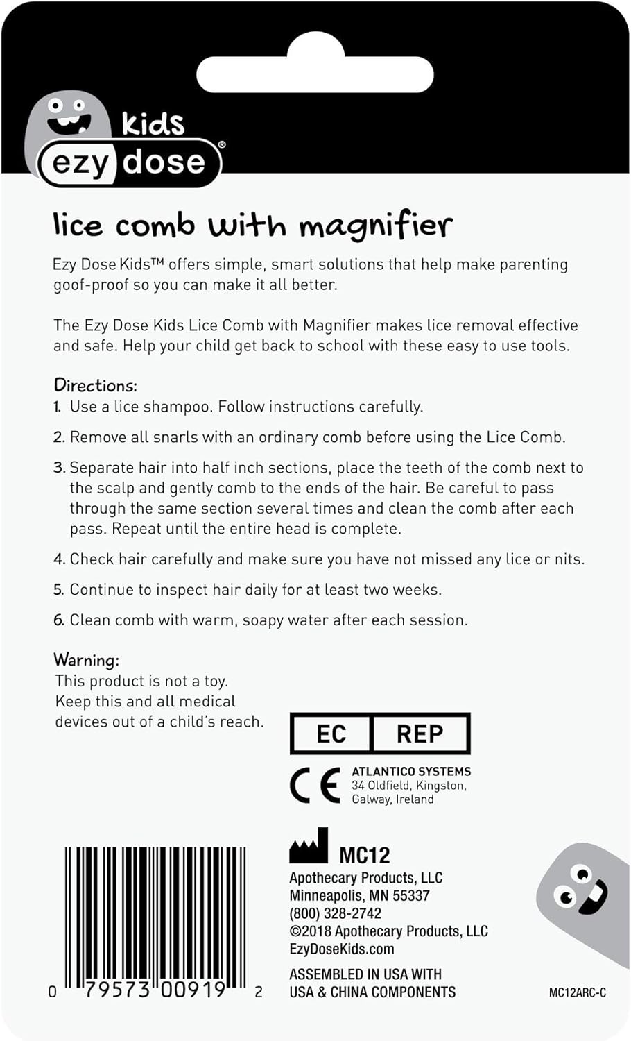 Ezy Dose Kids 虱子和虱卵梳子，婴儿、幼儿、成人护发，不锈钢针齿