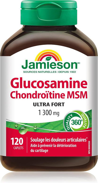 Jamieson 强效氨基葡萄糖软骨素 MSM 1300 毫克，缓解关节疼痛，支持骨关节炎，并防止软骨退化。非转基因，无麸质，120 粒胶囊，加拿大制造