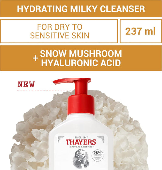 THAYERS Milky Hydrating Face Cleanser with Snow Mushroom and Hyaluronic Acid, Dermatologist Recommended Gentle Facial Wash and Hydrating Skincare for Dry and Sensitive Skin, Paraben Free, 8 FL Oz