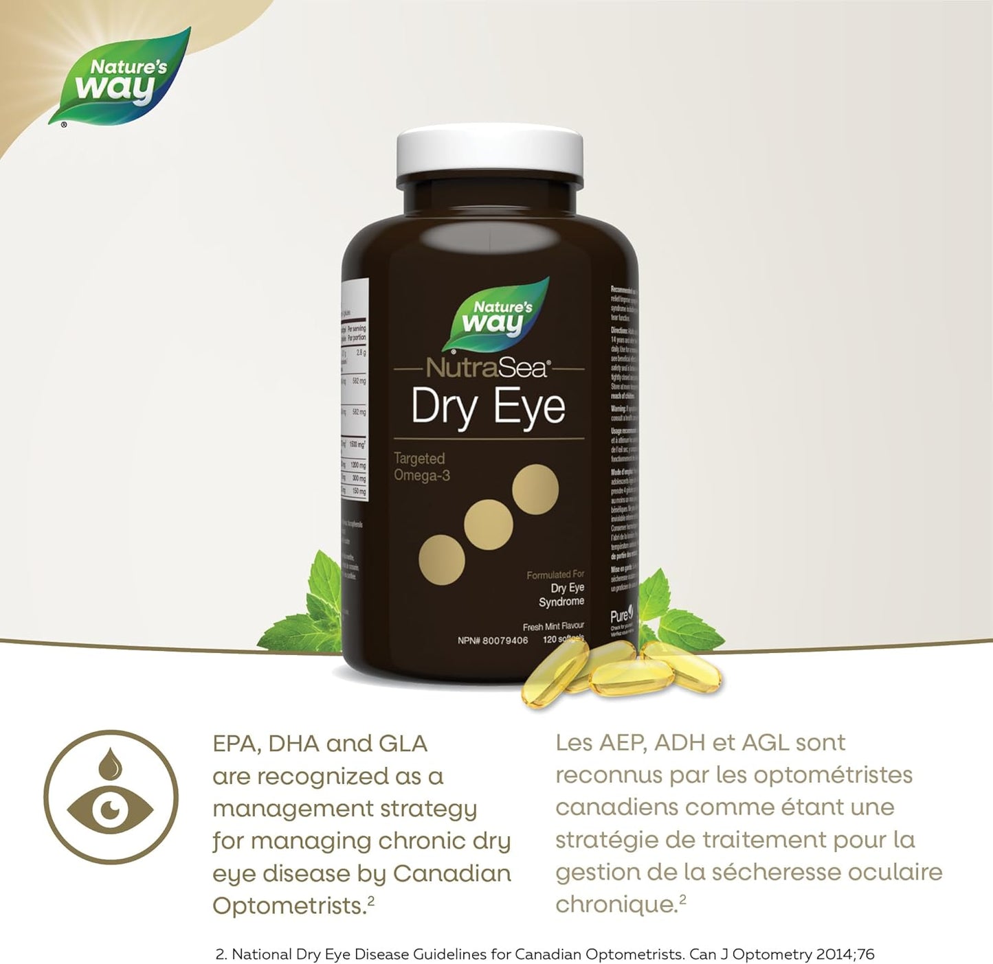 Nature's Way NutraSea 乾眼症高級 Omega-3 補充劑 - 有助於改善乾眼症症狀並支持正常的淚液功能 - 1500 毫克 EPA+ DHA 和 150 毫克 GLA 混合物 - 120 粒軟膠囊，清新薄荷味