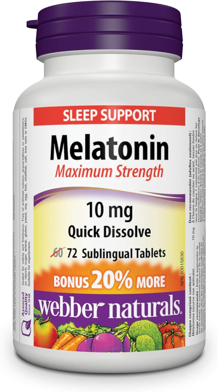 Webber Naturals Melatonin 5 mg Extra Strength Gummy, 90 Gummies, Cherry Pomegranate Flavour & Melatonin 10 mg Maximum Strength, 72 Quick Dissolve Tablets, For Sleep Support, Vegetarian