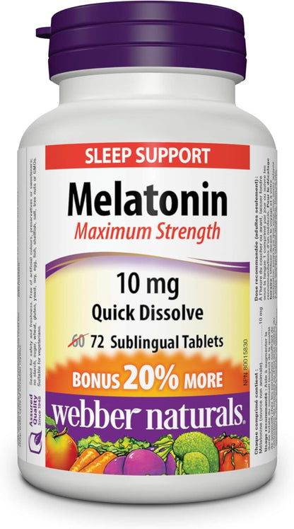 Webber Naturals Melatonin 5 mg Extra Strength Gummy, 90 Gummies, Cherry Pomegranate Flavour & Melatonin 10 mg Maximum Strength, 72 Quick Dissolve Tablets, For Sleep Support, Vegetarian