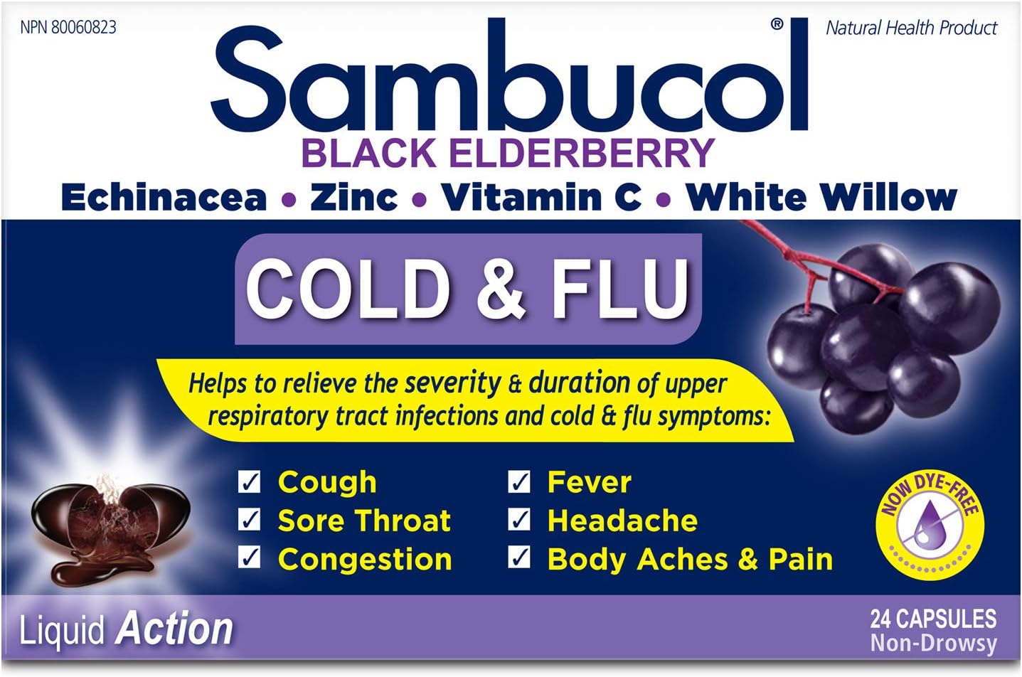 Sambucol Black Elderberry – Cold & Flu Relief | Echinacea, Zinc, Vitamin C & White Willow | Helps Relieve Congestion, Sore Throat, Coughs & Fatigue | Natural Health Product, For Adults | 24 Capsules