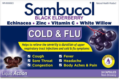 Sambucol Black Elderberry – Cold & Flu Relief | Echinacea, Zinc, Vitamin C & White Willow | Helps Relieve Congestion, Sore Throat, Coughs & Fatigue | Natural Health Product, For Adults | 24 Capsules