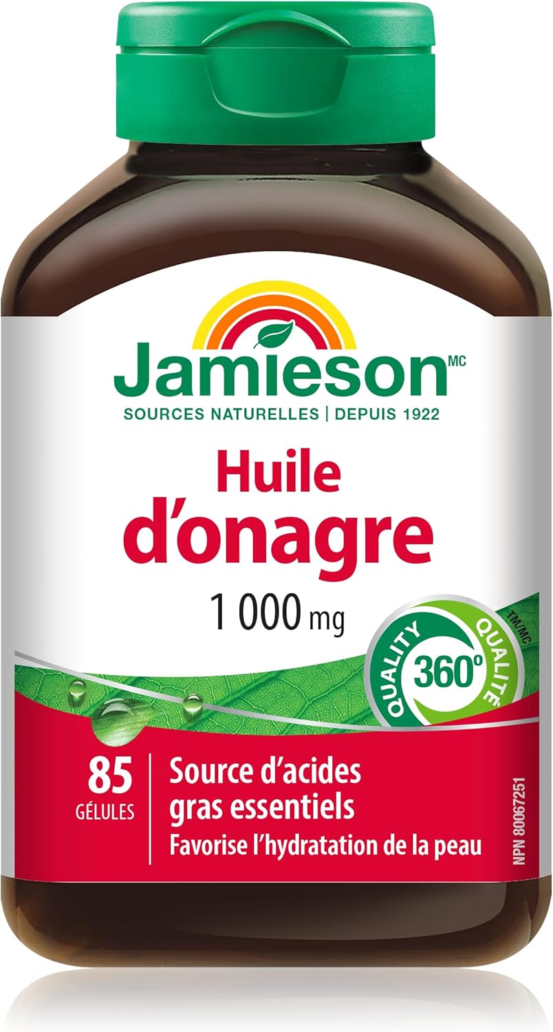 Jamieson 月见草油 1000 毫克，富含 Omega-6，促进肌肤保湿，令肌肤光滑细腻，减轻痤疮症状，并缓解湿疹症状。非转基因，无麸质，85 粒软胶囊，加拿大制造
