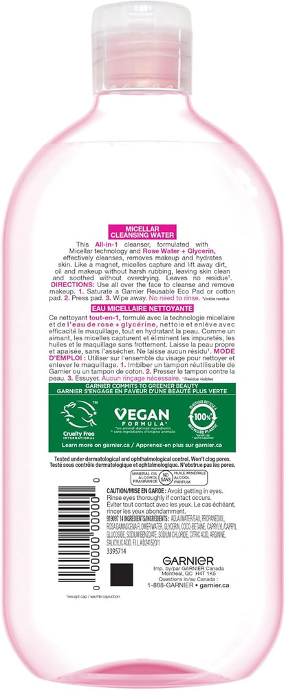 Garnier Micellar Cleansing Water, All-In-One Hydrating Makeup Remover, Face Cleanser With Rose Water & Glycerin, Hypoallergenic, Sensitive to Dry Skin, 700ml