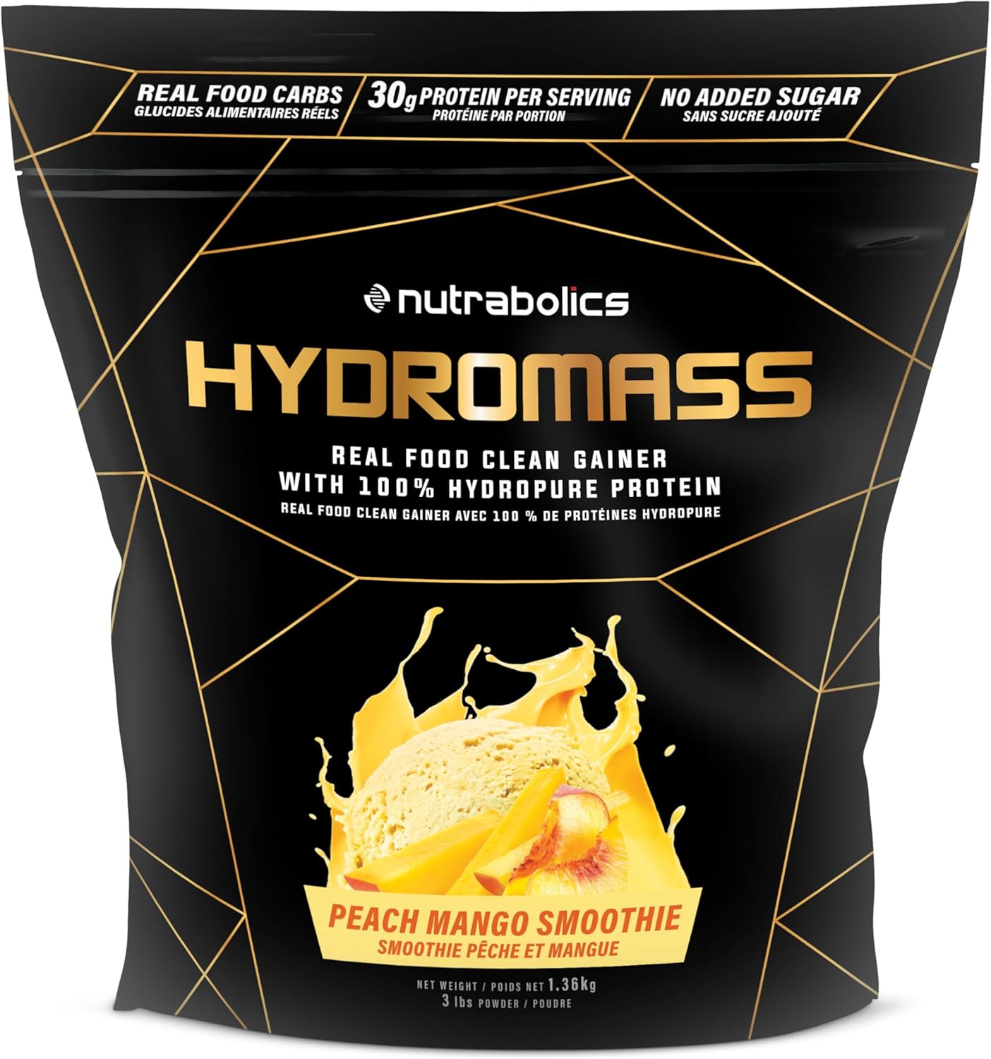 Hydromass 真食物清洁增肌粉，有机碳水化合物来源和水解乳清分离蛋白，桃芒果冰沙，3磅