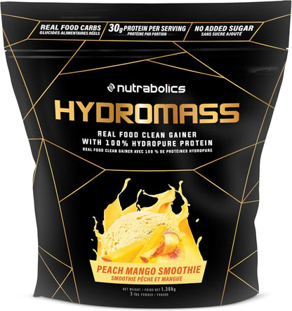 Hydromass 真食物清洁增肌粉，有机碳水化合物来源和水解乳清分离蛋白，桃芒果冰沙，3磅