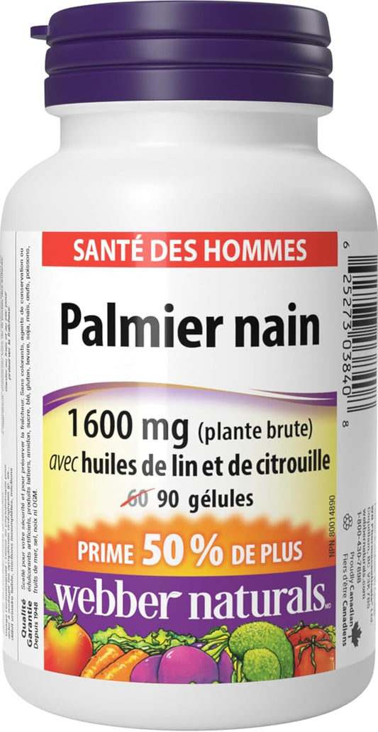 Webber Naturals Saw Palmetto 160 mg, Contains Flax and Pumpkin Oil, 90 Softgel