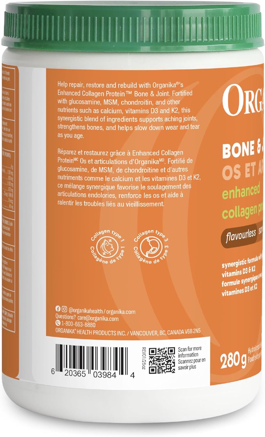 Organika Canadian-Made Enhanced Collagen Bone and Joint Powder - with Glucosamine, MSM, Chondroitin Sulfate, Vitamin D3 and K2 | Helps Restore Bone and Joint Health + Healthier Skin and Hair - 280g