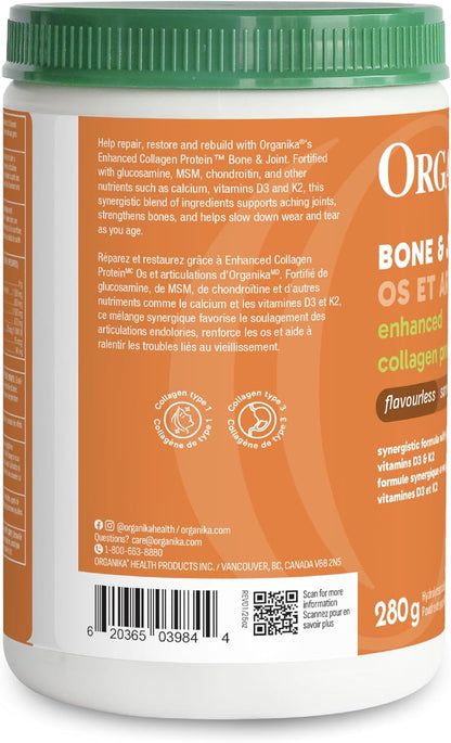 Organika Canadian-Made Enhanced Collagen Bone and Joint Powder - with Glucosamine, MSM, Chondroitin Sulfate, Vitamin D3 and K2 | Helps Restore Bone and Joint Health + Healthier Skin and Hair - 280g