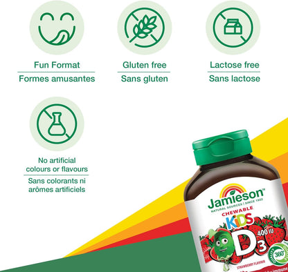 Jamieson 儿童咀嚼片维生素 D3 400 国际单位，草莓味，支持骨骼和牙齿健康发育，增强免疫力。素食，无麸质，不含人工色素、香精或防腐剂，100 粒装