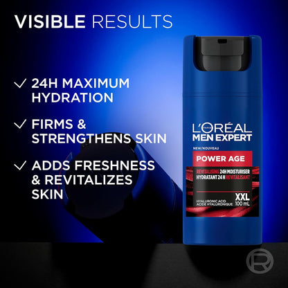L'Oréal Paris Men Expert Power Age XXL 24 HR Hydrating Face Moisturizer for Men with Hyaluronic Acid & Vitamins, For Dry & Aging Skin, Fights Signs & Look of Aging, 100 mL